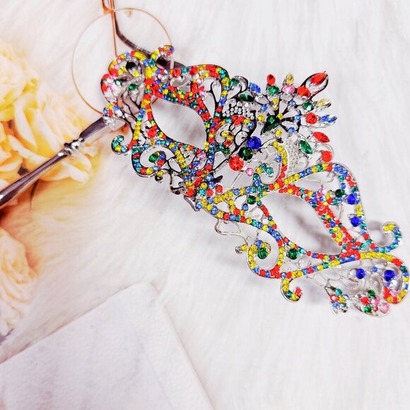 Rainbow Masquerade Mask, Crystal Handheld Mask, Silver Mask, Prom Mask, Pride - Picture 6 of 10